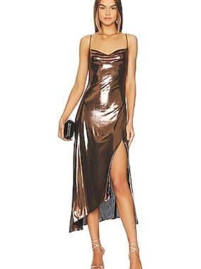NWT ASTR The Label Gaia Dress Bronze Metallic Cowl Neck Midi Dress Size Large
